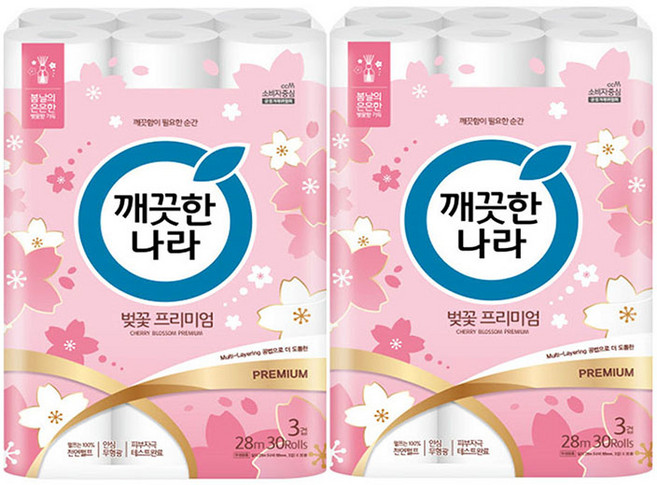 깨끗한나라 순수프리미엄30롤 X 2팩 (3겹33M) 화장지 이중비닐포장