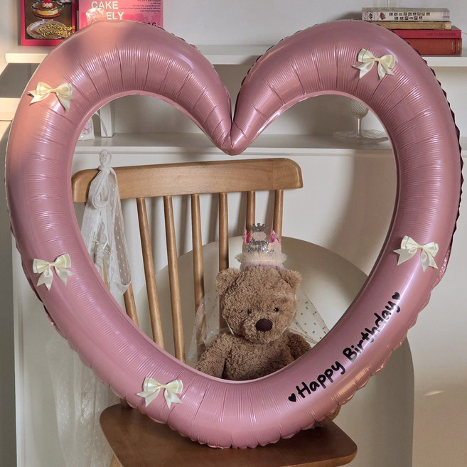 대형 하트 프레임 풍선 생일파티 풀세트 레터링+완제품 리본, 1개, 핑크 하트+아이보리 리본