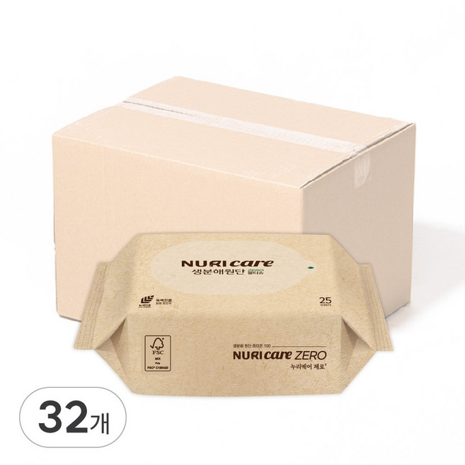 누리케어 제로 생분해물티슈 휴대용 25매 여행용 외출용 아기 물티슈 도톰한 엠보싱 플라스틱제로 0 원단, 60g, 25개입, 32개