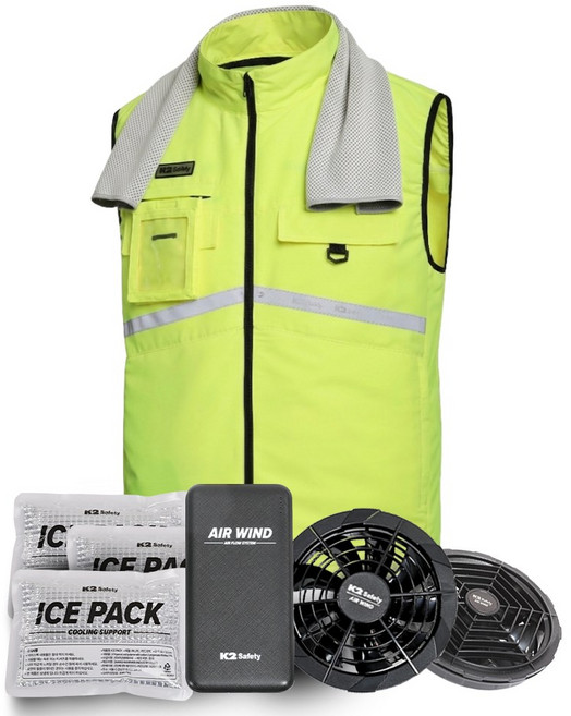 K2세이프티 에어윈드베스트 아이스 선풍기조끼+쿨타올, 옐로우, 1개