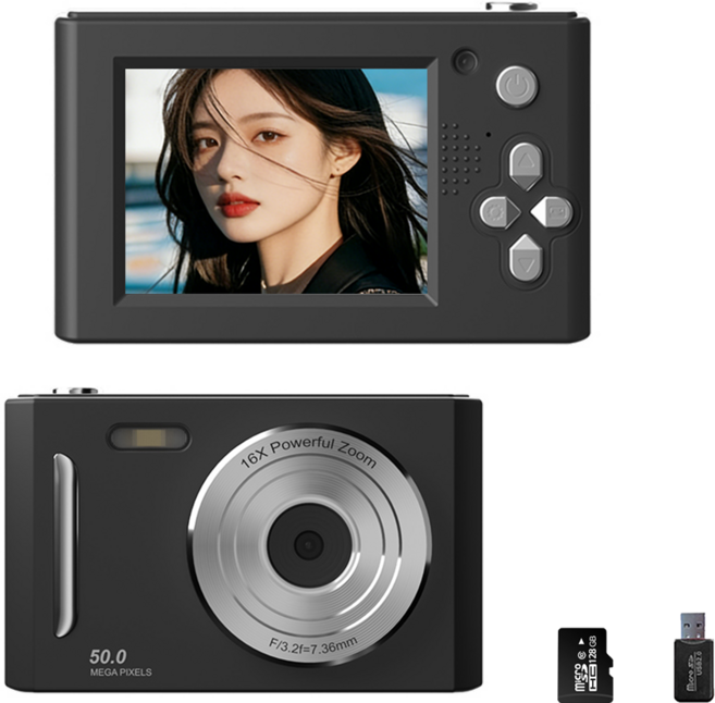 휴대용 감성 디지털 카메라 Y2k 빈티지 카메라 고화소 사진기 128G SD카드 포함, 블랙