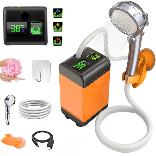 디지털 온도 표시가 있는 휴대용 야외 캠핑 샤워기 정원 세차 및 애완동물 목욕용 4800/6000/7800mAh 전기