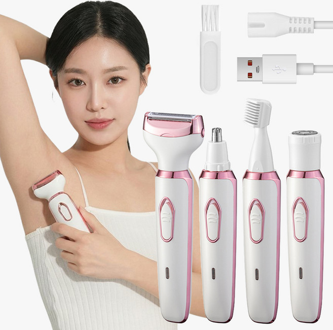 퀸코리 4in1 제모기 얼굴 코 다리 겨드랑이 바디트리머 방수휴대용 USB 충전식 제모기, 흰색