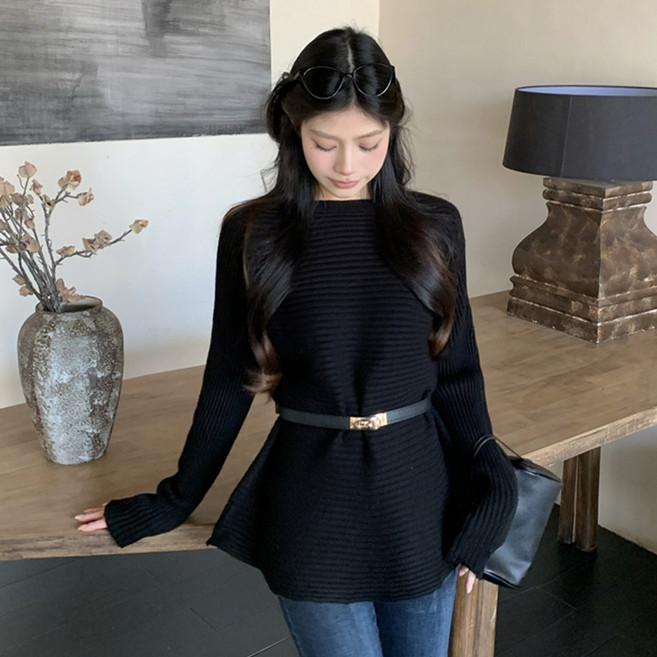 타니즈 카벨라 벨트 골지 긴팔 라운드넥 여성 플레어 니트