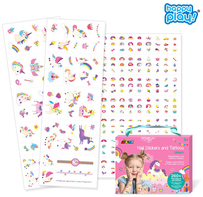 해피플레이 에비니어 유아 붙이는 타투 꾸미기 스티커 놀이 유니콘 260pcs, 네일 스티커 앤 타투_유니콘, 색상:네일 스티커 앤 타투_유니콘