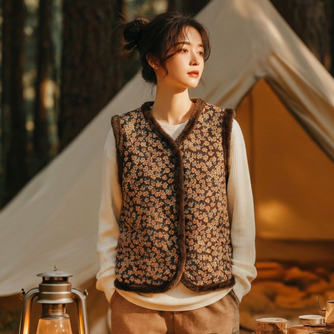 LUNAPOLI 융털 촌캉스 꽂무늬 할머니조끼 김장 촌캉스룩 누빔 양털 패딩 조끼