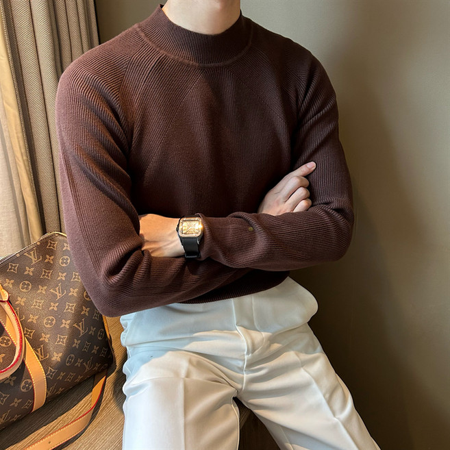 SunburstWonder 남성 추동 니트 솔리드 반폴라 슬림 캐주얼