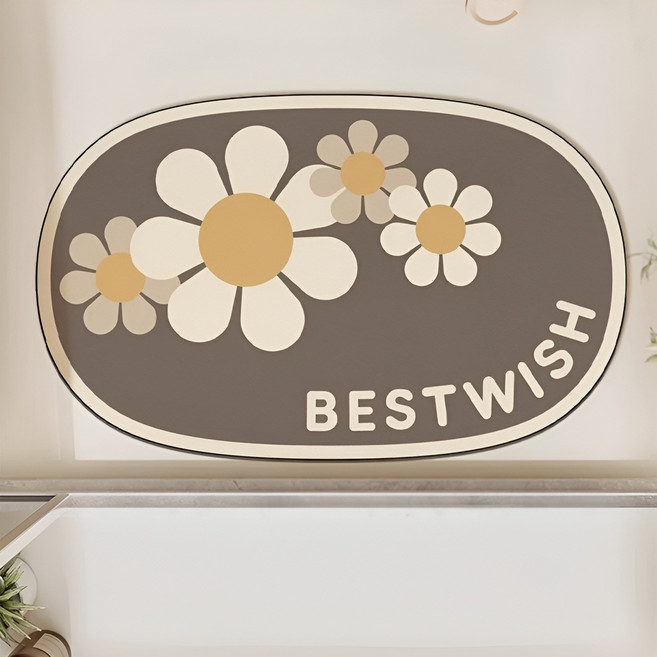 현관 발매트 화장실 입구 욕실 발매트 규조토 미끄럼 방지 매트, 화이트브라운 국화, 1개