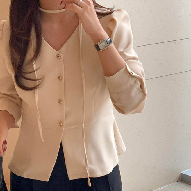 라라홀리 페플럼 타이 머플러 끈 우아핏 브이넥 블라우스