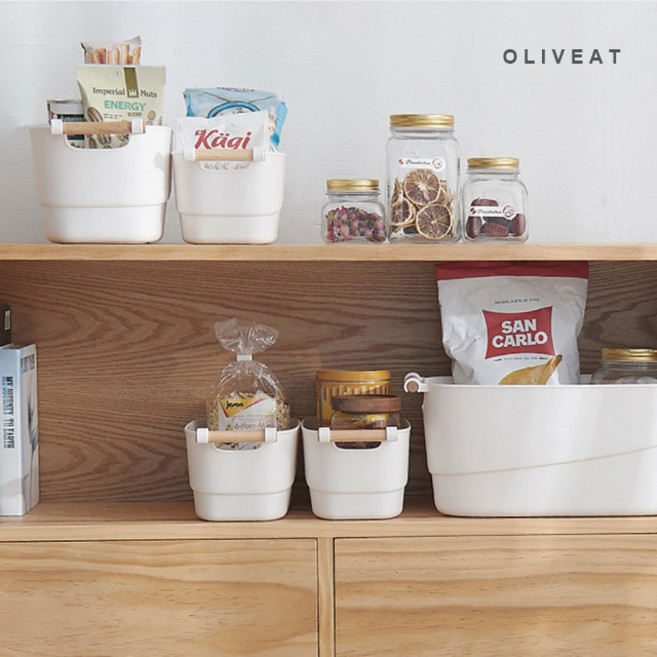 올리브엣 펜트리 주방 정리 다용도 선반 신박한 바구니 우드 핸들 아기옷 기저귀 수납트레이, 스몰, 폴리프로필렌(PP), 우드, 1개