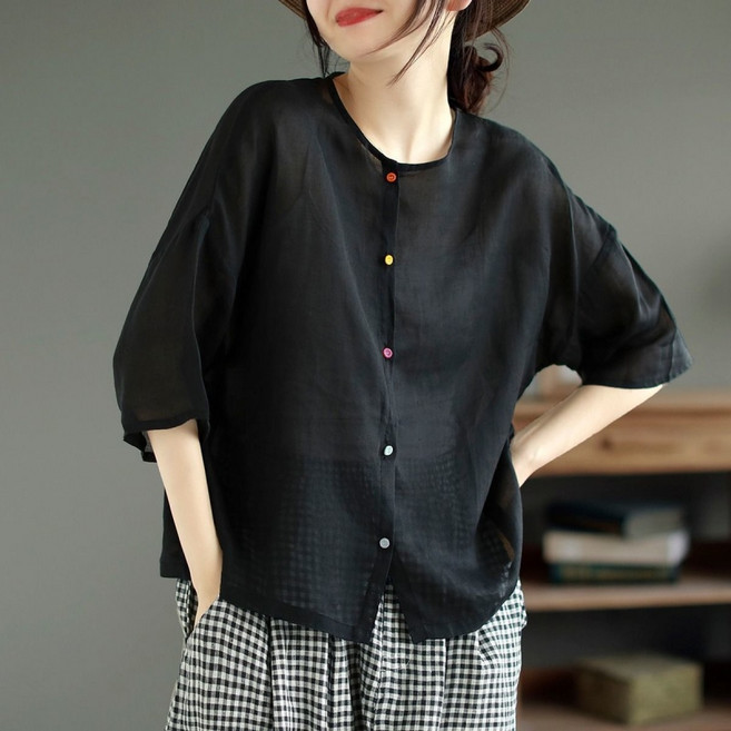Makone 여성 라운드넥 솔리드 셔츠 린넨 빈티지 심플 데일리 반팔 블라우스