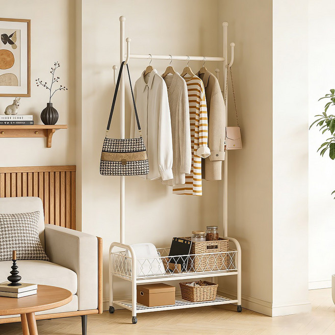 튼튼한 철제 스탠드 행거 바퀴 달린 이동식 옷걸이 수납 선반 후크 포함 거실 옷장, 흰색
