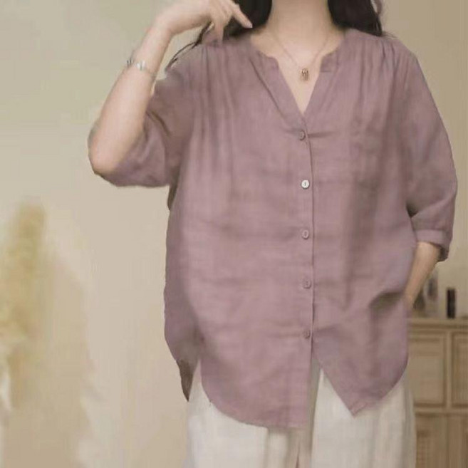 V領斜紋苧麻襯衫女 五分中袖寬鬆顯瘦上衣