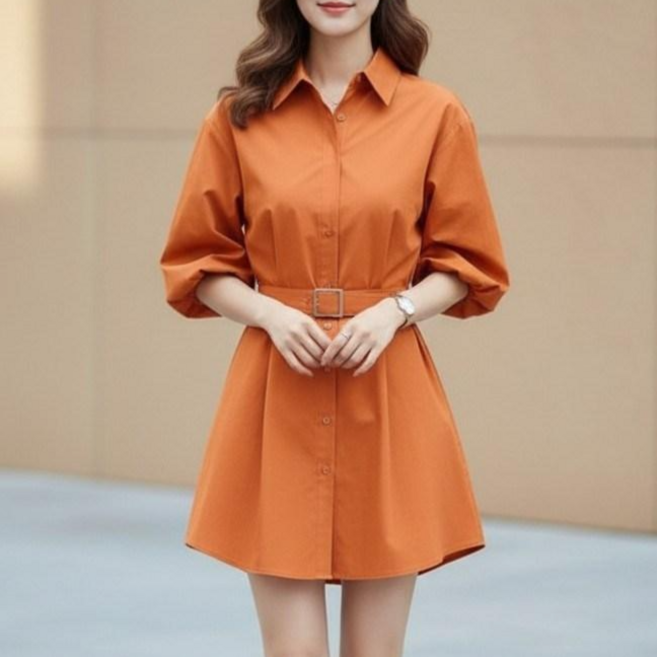 히또리 X4451 컬러풀 핏 좋은 셔츠형 벨트 세트 7부 주머니 미니 원피스
