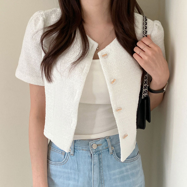 지니우우 라운드넥 퍼프소매 반팔 크롭 자켓 J0094A