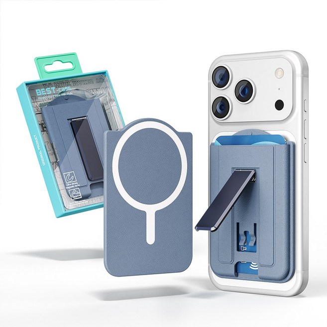 맥세이프 카드지갑 거치대 휴대폰 카드지갑 핸드폰 카드케이스 부착 플라스틱 가죽 질감 2장수납 스탠드 슬림 강력, 1개, 파란색