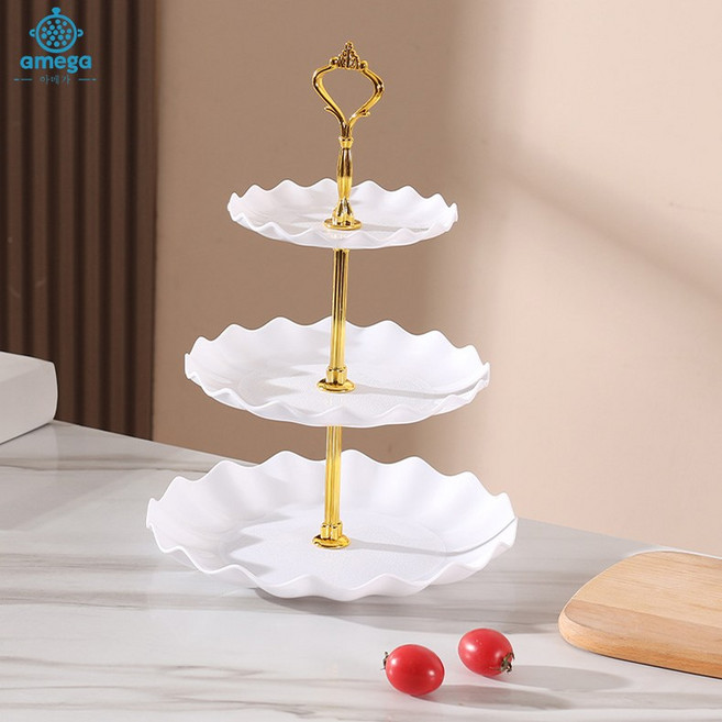 AMEGA 3단 트레이 과일 케이크 간식 파티 스탠 쟁반 트레이, 1개, 화이트