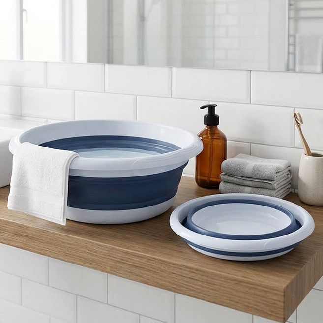 실리콘 욕실 주방 다라이 접이식 대야 캠핑용 휴대용 대야, 네이비 중(M)32cm, 1개