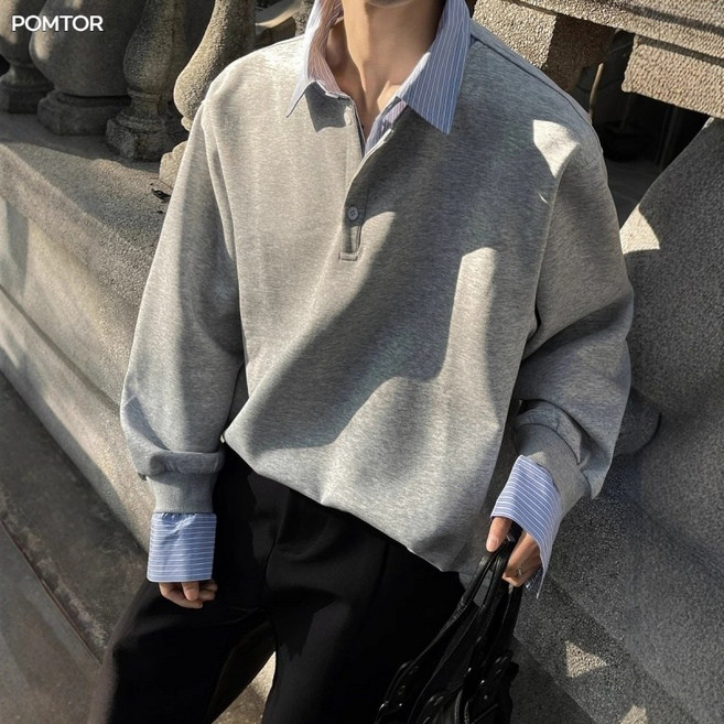 POMTOR 남자 티셔츠 편안한 맨투맨 루즈핏 긴팔 카라 셔츠 가짜 투피스 남자 맨투맨