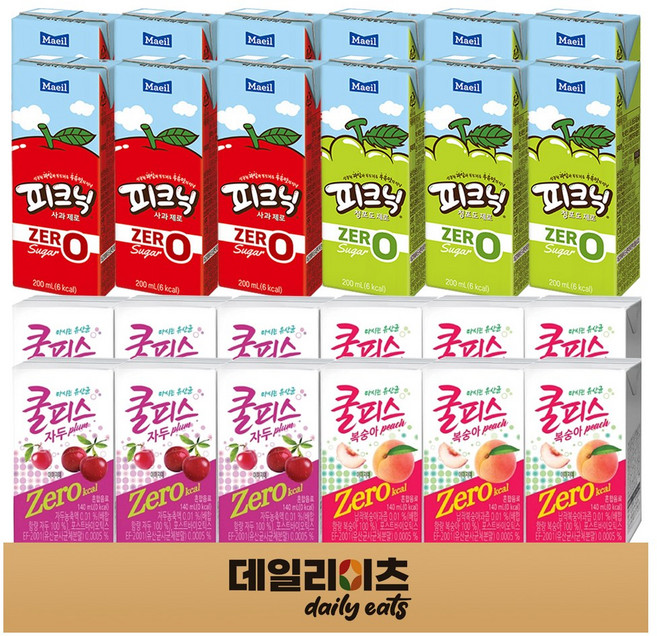 드링크팩 과일음료 제로칼로리 4종류 24팩 (피크닉제로 사과6 청포도6 쿨피스제로 복숭아6 자두6), 1세트, 200ml