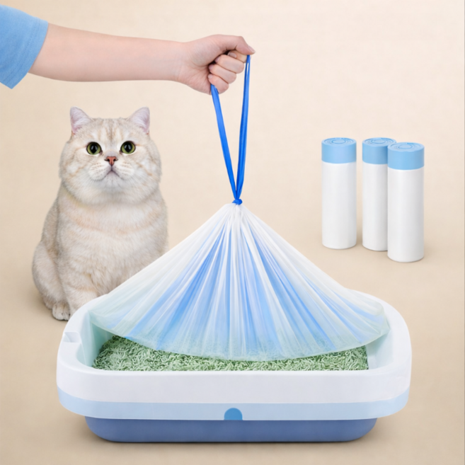 나랑펫 고양이 배변통 봉투 대형 화장실 배변봉투, 3개, 화이트,블루핸들