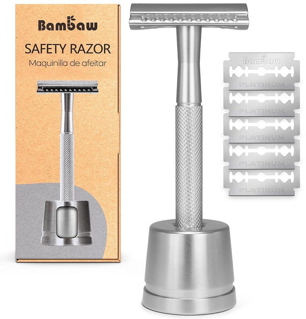Bambaw 5개의 면도날이 있는 남성용 안전 면도기 남성용 더블 엣지 안전 면도기 지속 가능한 단일 블레이드 면도기 폐기물 제로 금속 면도기 - 블랙, 스탠드가 있는 실버 면도기, 1개