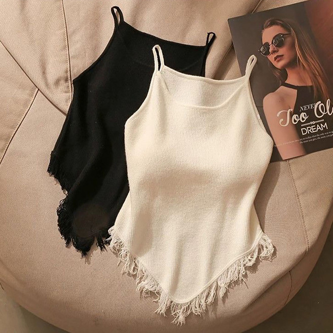 로르카 여성 슬림핏 니트 나시 프린지 디자인 스트랩 민소매 캐주얼 레이어드 나시 T031735