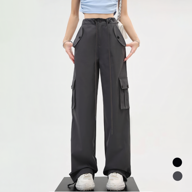 Amlition 여성 봄 가을 스트링 카고 와이드 팬츠
