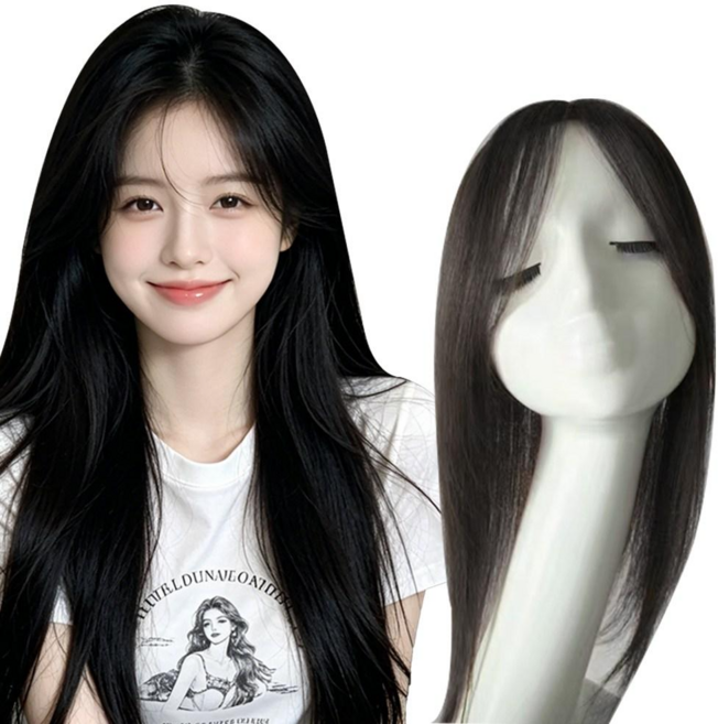 지비킹 인모 수제 여성 앞머리 정수리 가르마 부분 가발 긴머리 반가발 45CM, 1개, 자연블랙