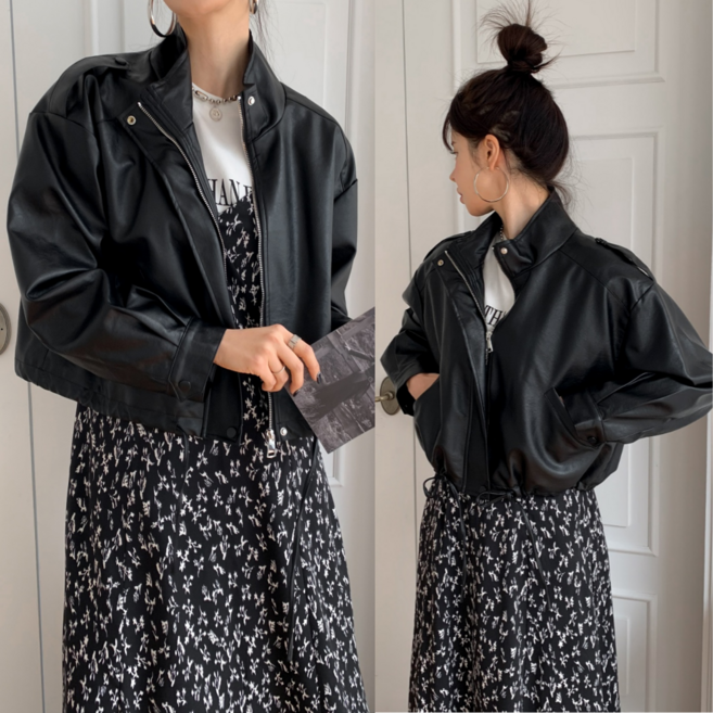 핏몬 여성 오버핏 레더 세미크롭 가죽 자켓 간절기 봄 가을 아우터