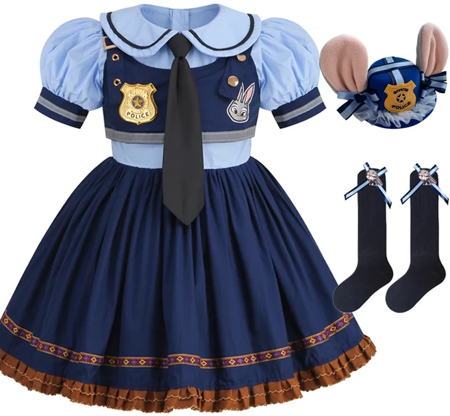 주디 코스프레 의상 어린이 카니발 파티 드레스 소녀 넥타이 머리 장식 벨트 양말 경찰 역할 놀이 영화 유, 03 100cm, 09 Judy Dress F