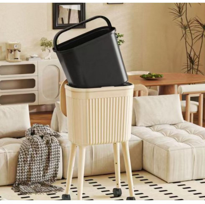 허리 숙이지 않는 쓰레기통 이동식 높은 쓰레기통 거실 틈새 슬림 휴지통 주방 냄새차단 음식물 쓰레기통, 베이지