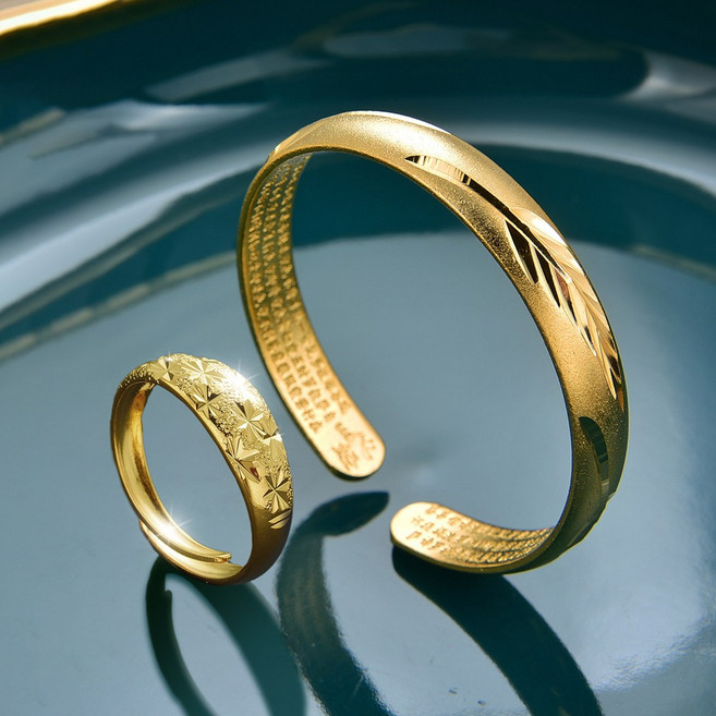 2종세트 여성 18k압축도금 팔찌 반지 세트 실제금싱크로율 / 반야심경 라운드어스