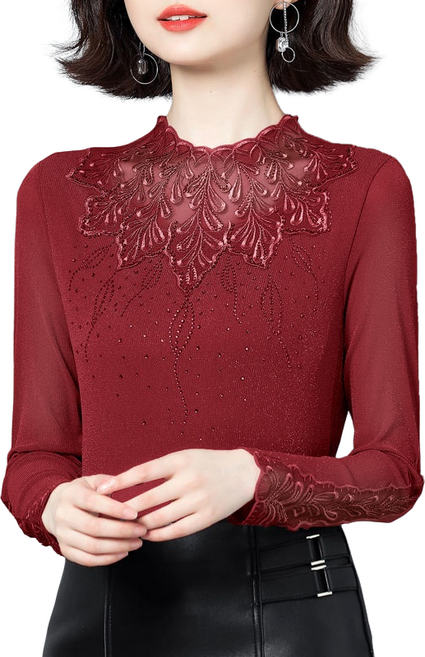여성 나뭇잎 망사 긴팔 슬림 라틴 사교 라인 댄스복 상의 연습복 왈츠 스포츠댄스복, 와인 레드, L