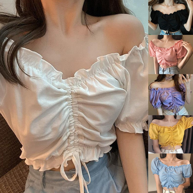 더루브 여름 오프숄더 프릴 v라인 퍼프소매 가슴 스트링 반팔 니트티 크롭티 여행룩