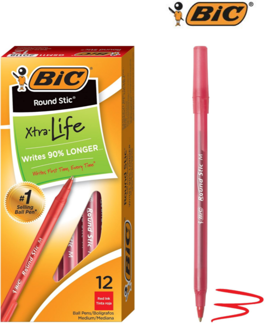 BIC 빅 라운드 스틱 볼펜 (1.0mm) 12개입 박스상품, 적색 (12개입 박스포장)