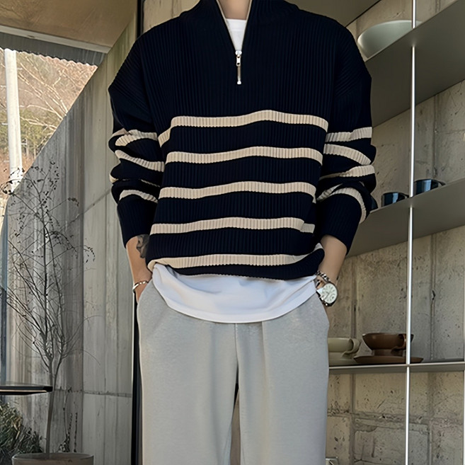 남녀공용 하프 지퍼 스트라이프 스웨터 겨울용 릴렉스 핏 니트
