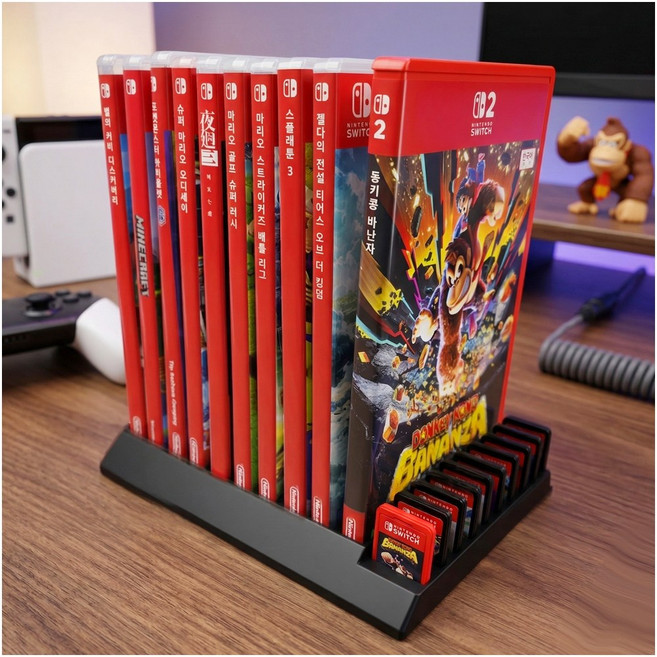 호환 2in1 닌텐도 스위치 게임팩 칩 타이틀 케이스 거치대 스탠드 진열장 카트리지 수납 꽂이 정리함 20장 보관 홀더 데스크테리어, 1개, 블랙, n2470