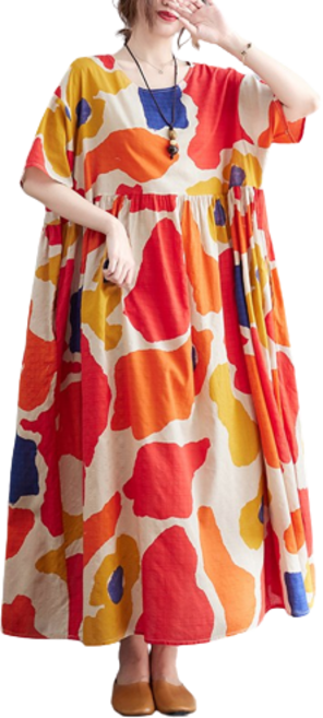 중년 여성 여름 빅사이즈 라운드넥 대형 큰옷 플라워 나염 롱 원피스