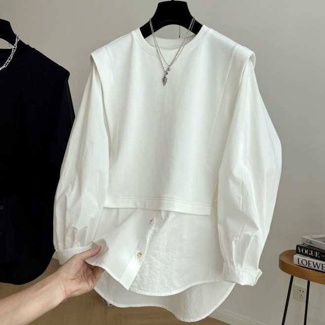 PEROLA 150kg까지 빅사이즈 여성 셔츠 봄 가을 빅사이즈 2컬러 데일리 캐주얼 라운드 레이어드 셔츠