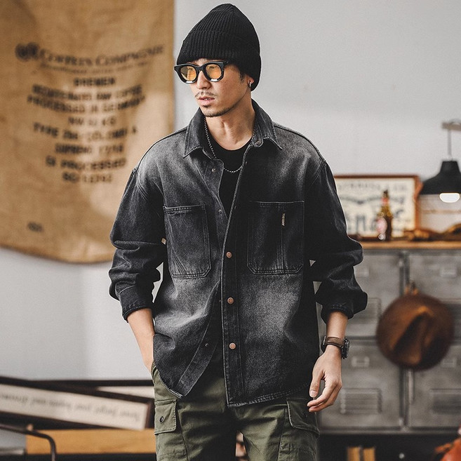 復古牛仔長袖襯衣男高級感韓版潮流寬鬆休閒百搭藍色襯衫工裝寸衣