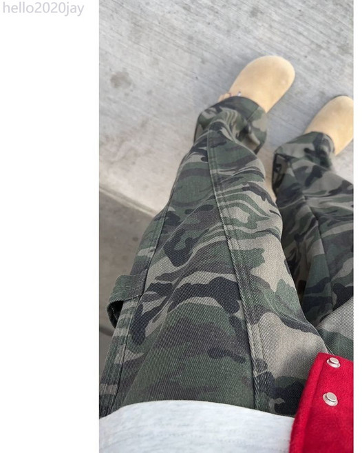 美式工裝迷彩褲男直筒ootd穿搭解構彎刀褲加長cleanfit伐木牛仔褲