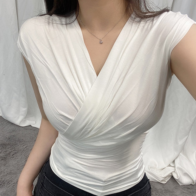 바나나2 여성 글램 섹시 셔링 랩 반팔 티셔츠