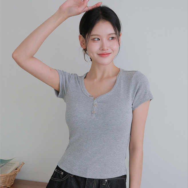 디디오 여성 헨리넥 부드러운 캡내장 반팔티 이너티 노브라티 브라탑 티셔츠