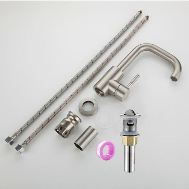 正304不鏽鋼單孔面盆水龍頭 出水管360度旋轉 冷熱混合 面盆適用, 1個, B3048不鏽鋼單孔臉盆冷熱小7龍頭