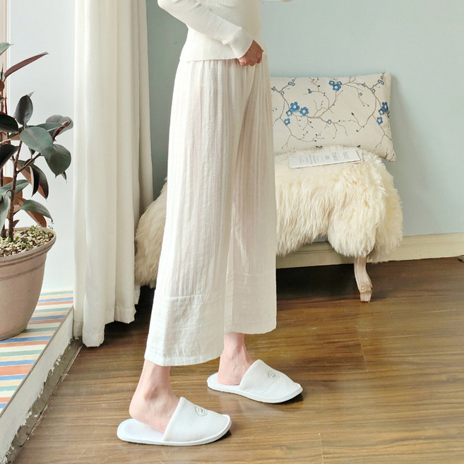 POMTOR 여성 봄가을 순면 8부 슬랙스 파자마바지 심플한 얇은 홈웨어 바지 에어컨 바지