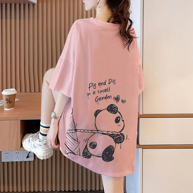 여성 판다 프린팅 롱 박스 반팔 티셔츠 T-004