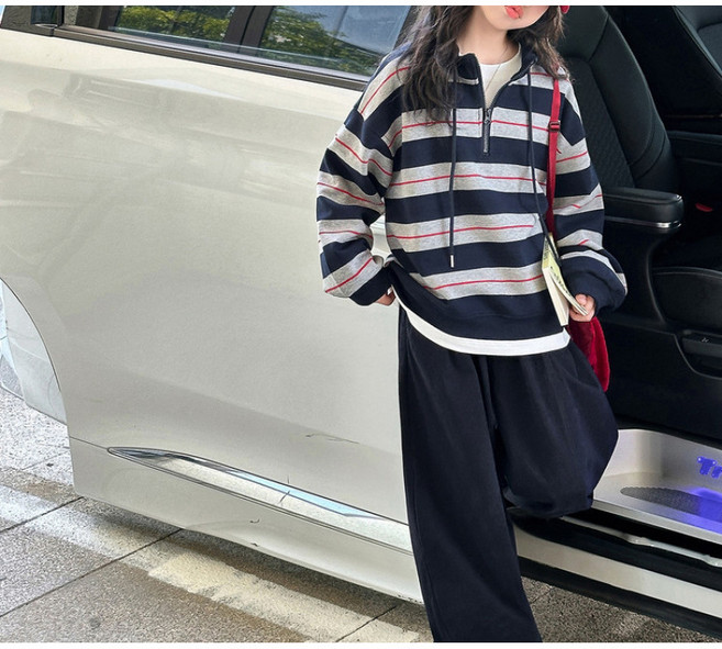 해피유통 패셔너블 스트라이프 캐주얼 세트 후드 티셔츠와 헐렁한 바지 디자인14세 이상
