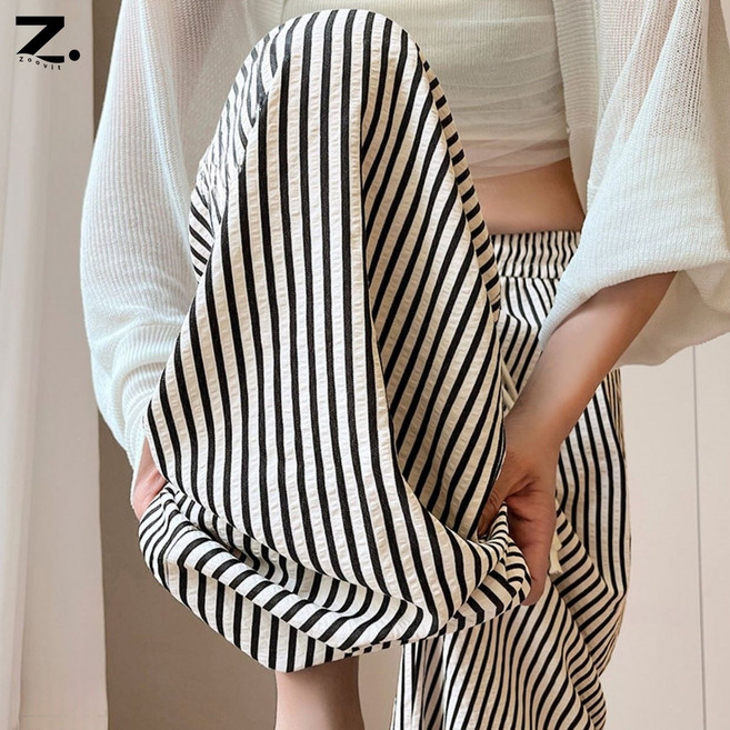 Zoovit 여성 캐주얼 스트라이프 밴딩 팬츠 일상 루즈핏 여름 와이드 팬츠