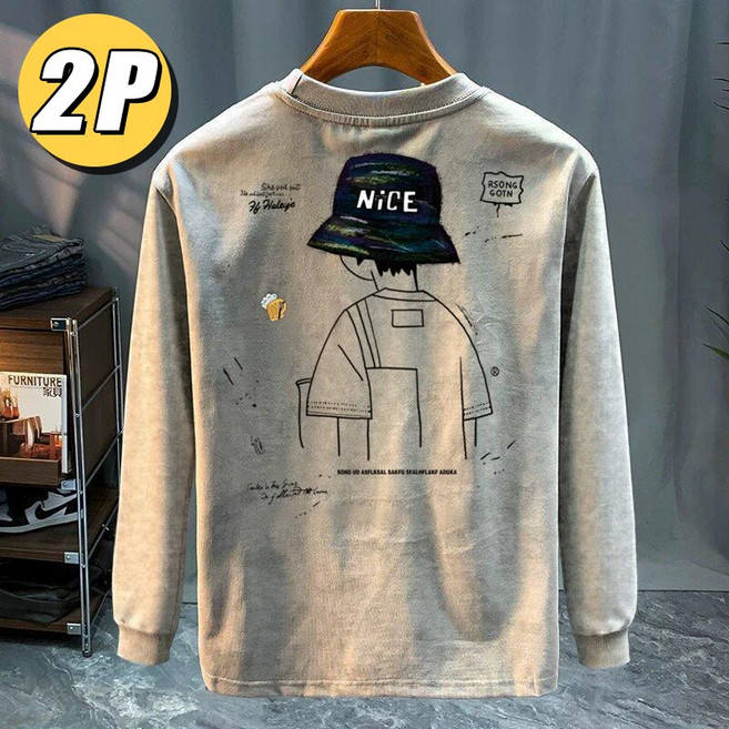 1+1 남성 봄 가을 순면 긴팔 티셔츠 남자 베이직 프린트 긴팔티